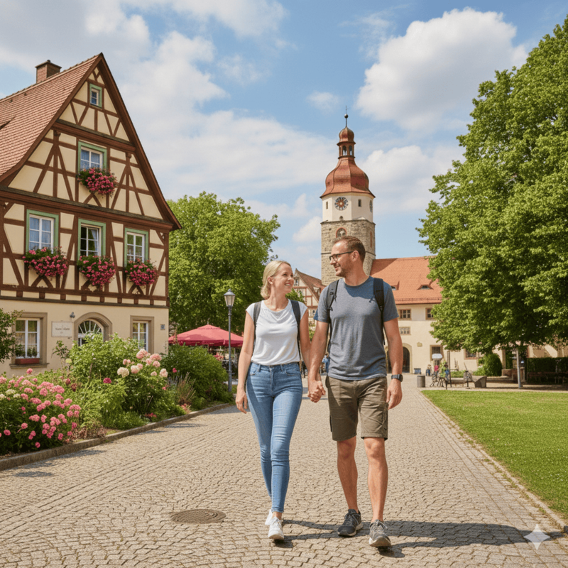 Pärchen entdeckt die Sehenswürdigkeiten Erdings – Altstadt mit historischem Stadtturm und bayerischen Fachwerkhäusern