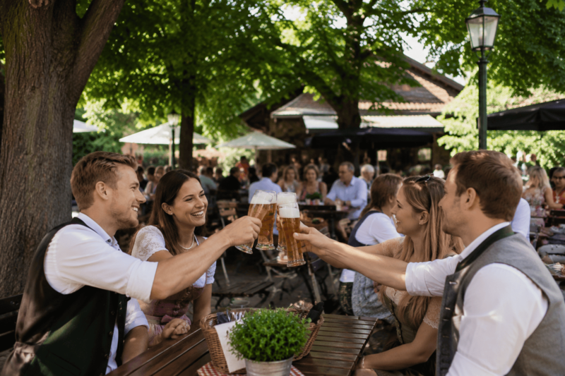 Biergarten Erding im Sommer: Gäste in bayerischer Tracht genießen einen entspannten Abend unter Kastanienbäumen nahe dem Hotel Kastanienhof.